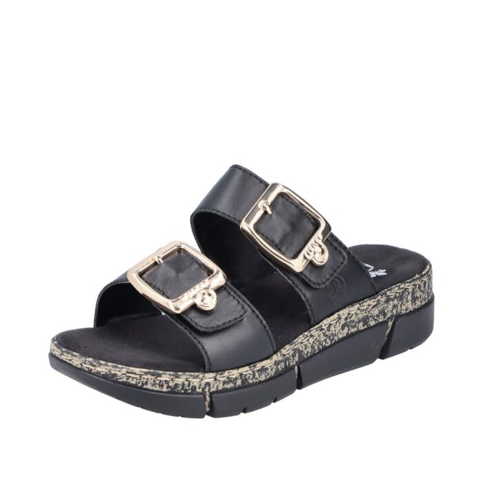 Rieker sandal til dame i sort i lækker skindkvalitet med spænder
