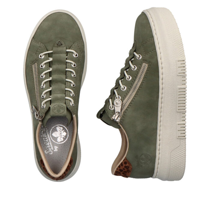 Rieker sneakers i khaki til dame med lynlås og leopardprint M1952-52
