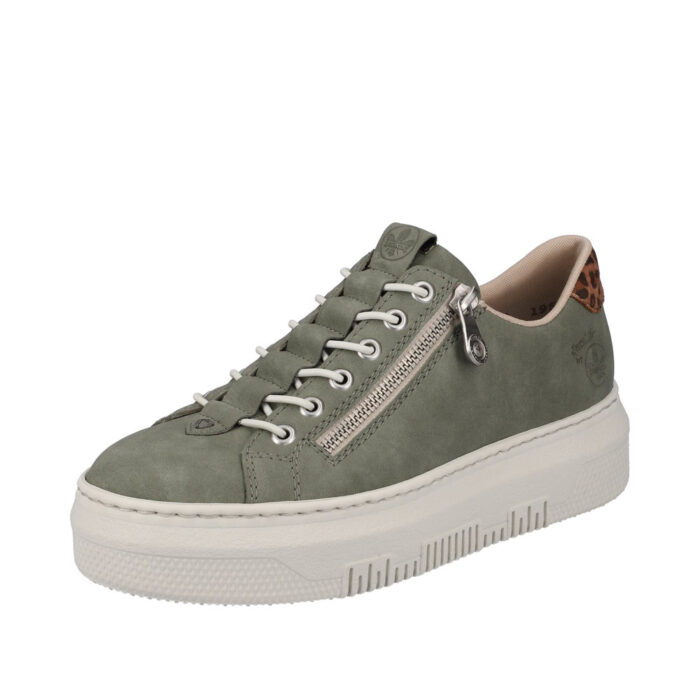 Rieker sneakers i khaki til dame med lynlås og leopardprint M1952-52