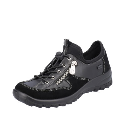 rieker sko i sort til dame L7157-00. Modellen har en god pasform og en stødabsorberende sål.