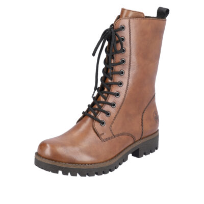 Rieker støvle til dame i brun med læder kvalitet og snøre på indersiden, samt lyn. Model: 78544-25