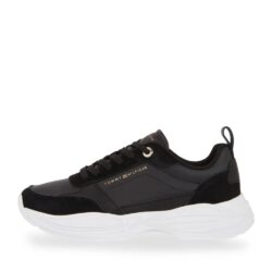 tommy hilfiger sneakers til dame i sort med guld- og skinddealjer.