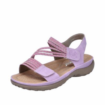 Rieker sandal til dame i lilla med pink elastik detalje. Gode Stødabsorberende og fleksible såler.