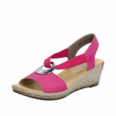 Rieker sandal dame i pink. Med kilehæl og elastik og stødabsorberende såler.
