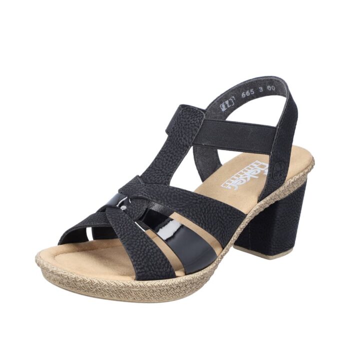 Rieker sandal til dame i sort med fin lak detalje og stødabsorberende såler.