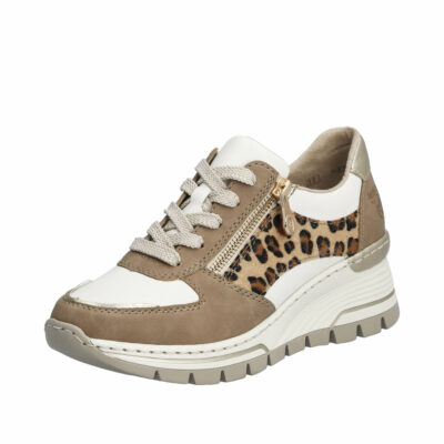Rieker sneakers til dame i beige med leopardprint, gulddetaljer og stødabsorberende kilehæl.