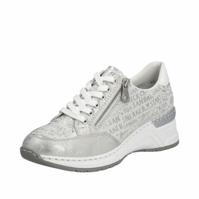 Rieker sneakers til dame i hvid med elegante sølv detaljer og antistress såler med kilehæl.