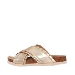 Duffy Florens Uno sandal i guld med krydsremme og plisserede kanter, med dejligt bløde såler.