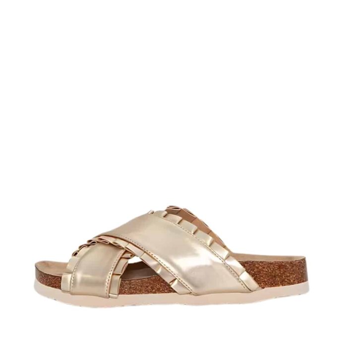 Duffy Florens Uno sandal i guld med krydsremme og plisserede kanter, med dejligt bløde såler.