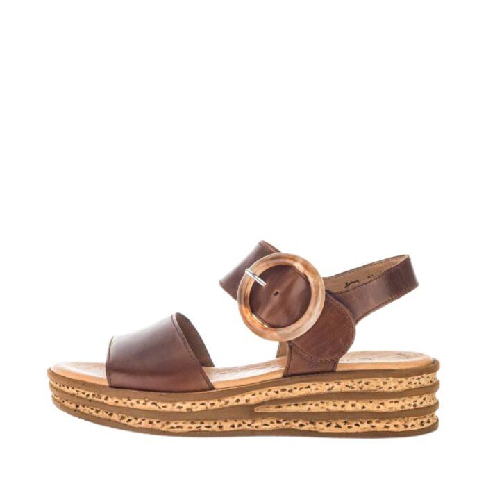 Gabor sandal til dame i brunt skind med kork hæl på 4,5 cm og spænde