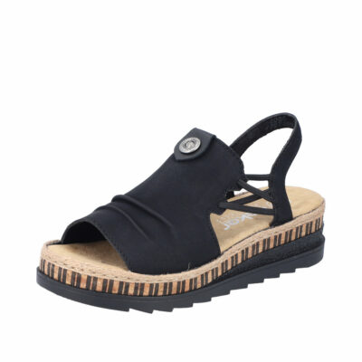 Rieker sandaler til dame i sort med elastik i siden og kilehæl V7972-00
