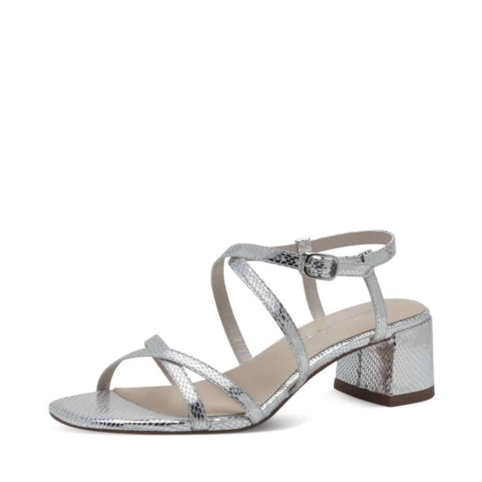 Tamaris sandal til dame i sølv med slangeskinds look og hæl på ca 5,5 cm