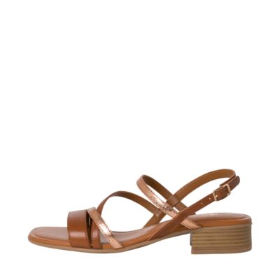 Elegant sandal på hæl til dame i brun, designet med gulddetaljer samt en 3,5 cm. blokhæl