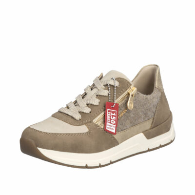 Rieker sneakers til dame i beige med lynlås og guldddetaljer 58902-64.