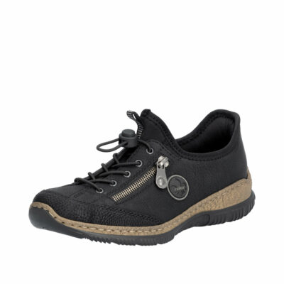 Rieker sneakers til dame i sort med memosoft sål og elastik snørebånd.