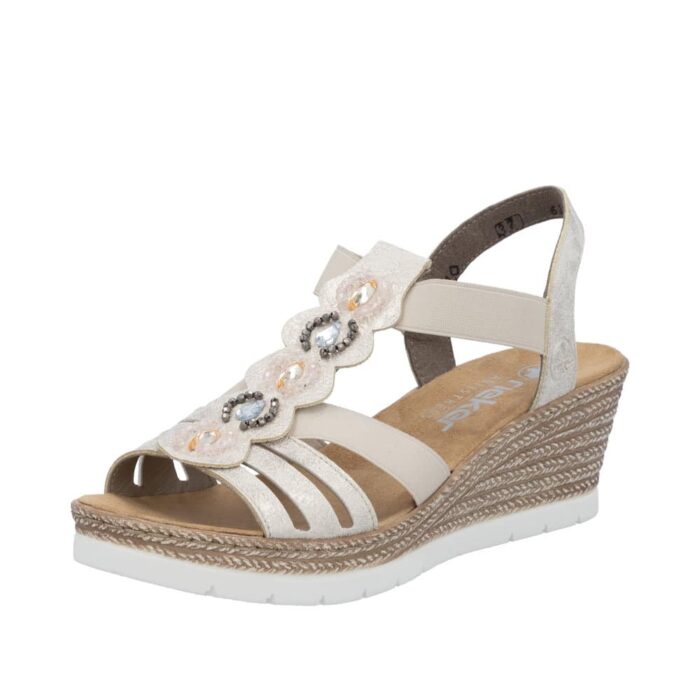 Rieker sandal til dame i beige med elastik i siderne og hælrem på lækker plateausål