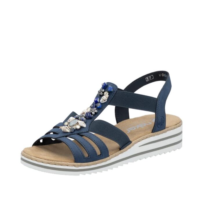 Rieker sandal til dame i blå med kilehæl
