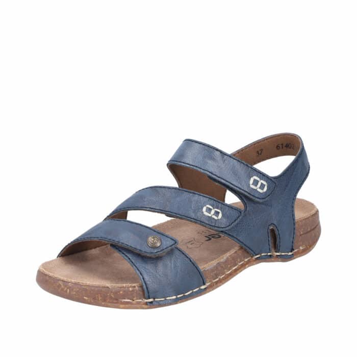 Rieker sandal til dame i blå, med skindoverdel og tre velcroremme samt fleksibel sål
