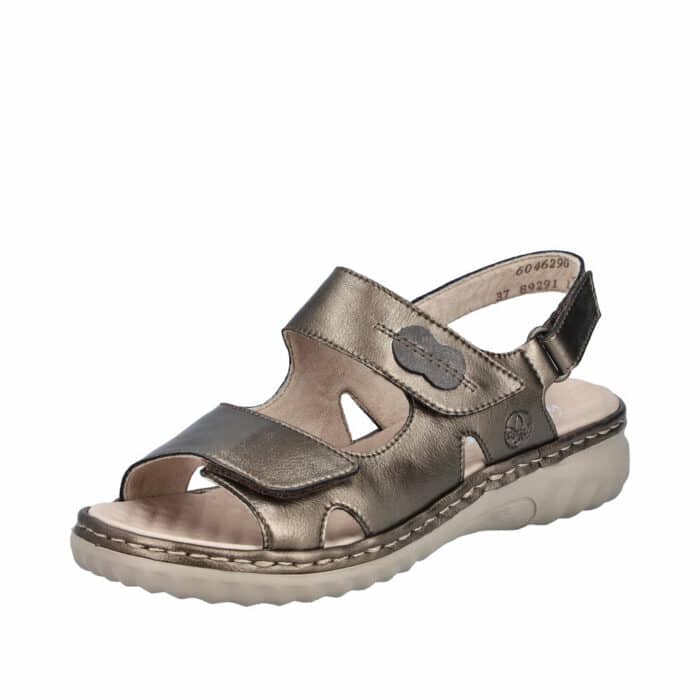Rieker sandal til dame i bronze med tre velcroremme og napret indersål samt stødabsorberende såler