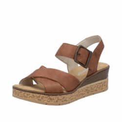 Rieker sandal til dame i brun med kilehæl på 5,5 cm samt velcrorem og krydsrem