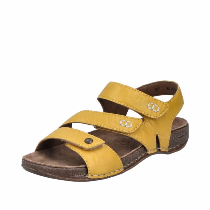 Rieker sandal til dame i gul, med skindoverdel og indersål af skind, med en fleksibel og let konstruktion samt tre velcroremme