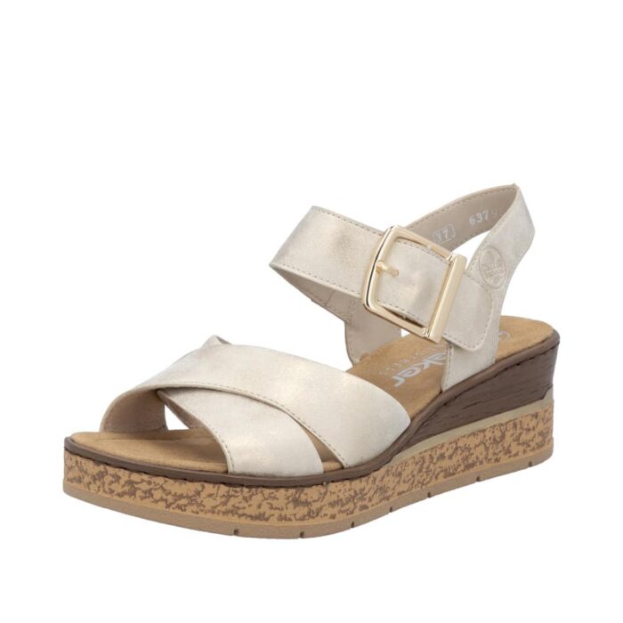 Rieker sandal til dame i guld med kilehæl og velcro