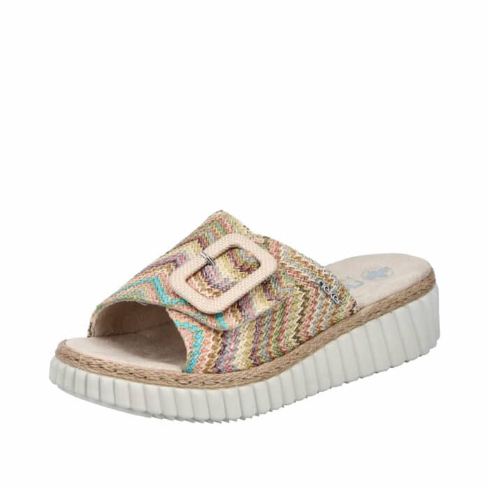 Rieker sandal til dame i farvekombi, med velcrorem og ekstra bredde H samt plateausål og kilehæl på 4,5 cm