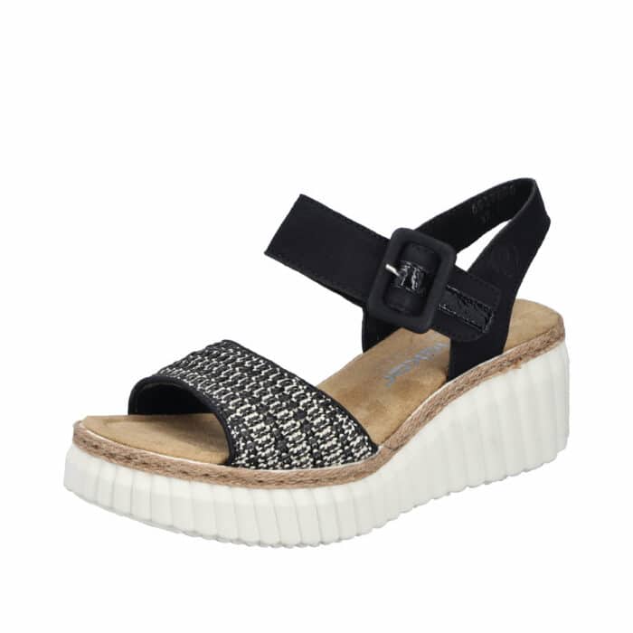 Rieker sandal til dame i sort med kilehæl