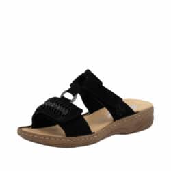 Rieker sandal til dame i sort skind, med to justerbare velcroremme og stødabsorberende sål