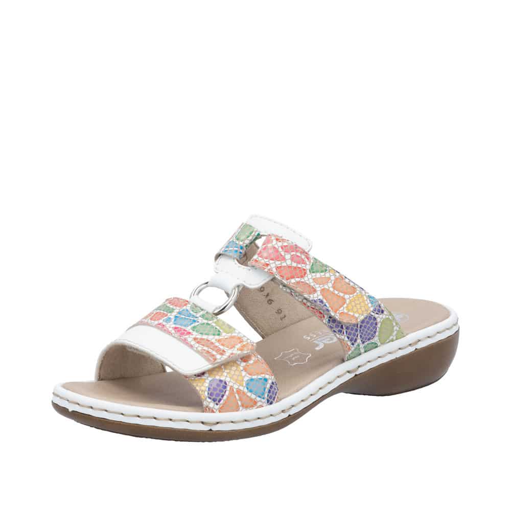 Rieker sandal til dame i hvid farvekombination med farverige detaljer og velcroremme