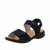 Rieker sandal til dame i mørkeblå ruskind med tre velcroremme og udtagelig sål