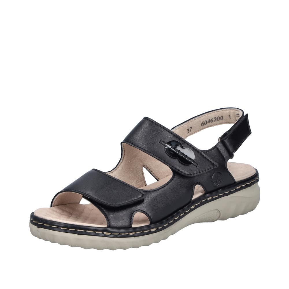 Rieker sandal til dame i sort med tre velcroremme og nopret indersål