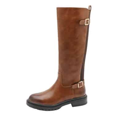 Amour lang støvle til dame i camel med spænde detaljer og lynlås samt elastik og chunky ydersål