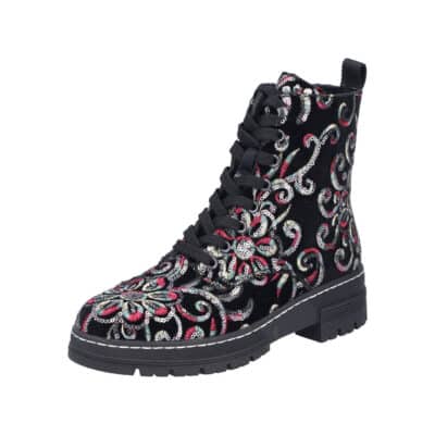 Rieker støvle til dame i sort med farverige detaljer og varm foring samt udtagelig sål og funktionel lynlås